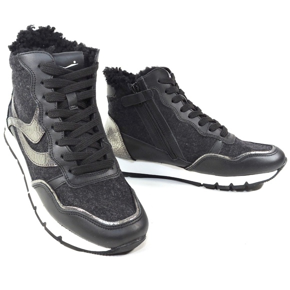 VOILE BLANCHE🇮🇹 WOMEN'S BLACK LEATHER & WOOL WINTER FASHION SNEAKERS